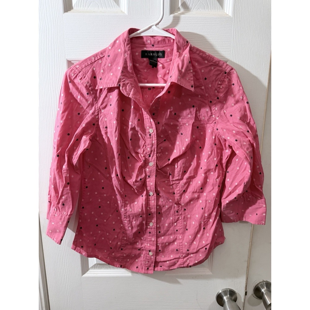 Harold's Pink Polka Dot Blouse Shirt Button Down Top EUC 6